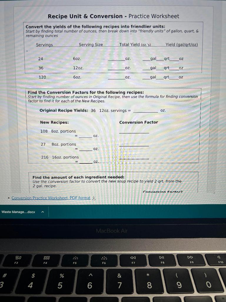 Recipe Unit \& Conversion - Practice Worksheet