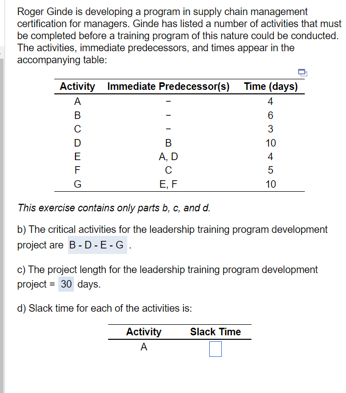 I NEED THE SLACK TIME FOR A ,B, C, D, E, F, G