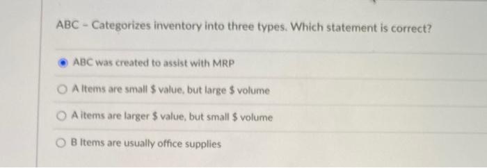 answer selected is not correct ABC - Categorizes