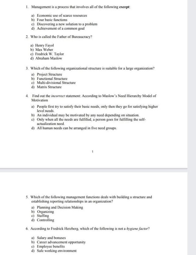 answer all the mcq questions fast 1 Management is