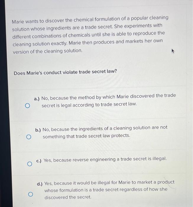 Marie wants to discover the chemical formulation