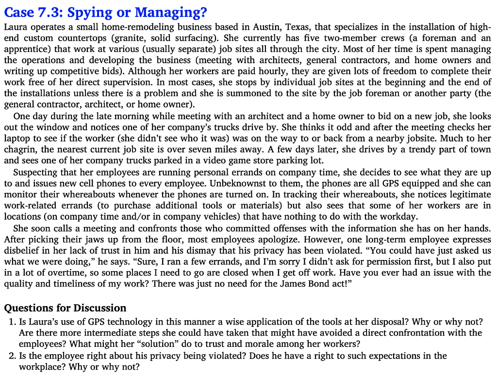 Case 7.3: Spying or Managing? Laura operates a
