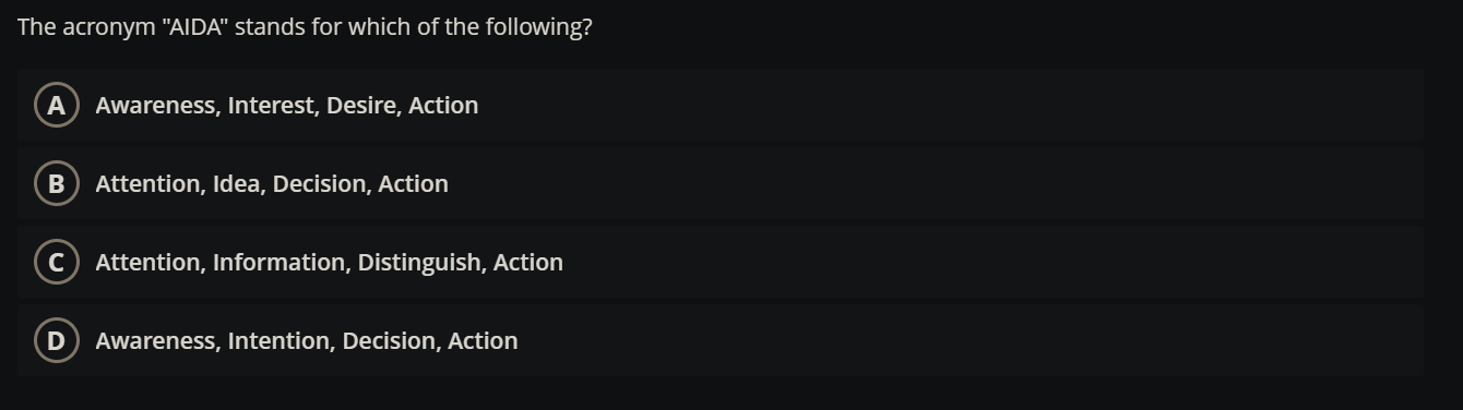 The acronym "AIDA" stands for which of the