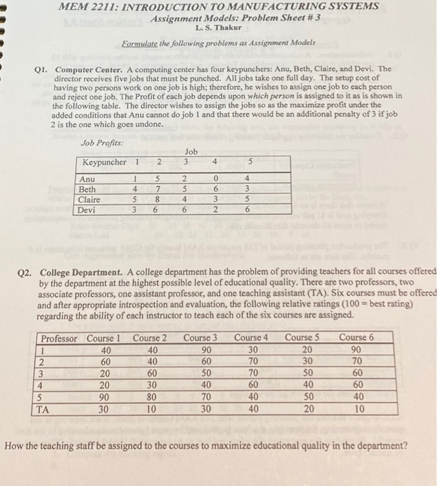 MEM 2211: INTRODUCTION TO MANUFACTURING SYSTEMS