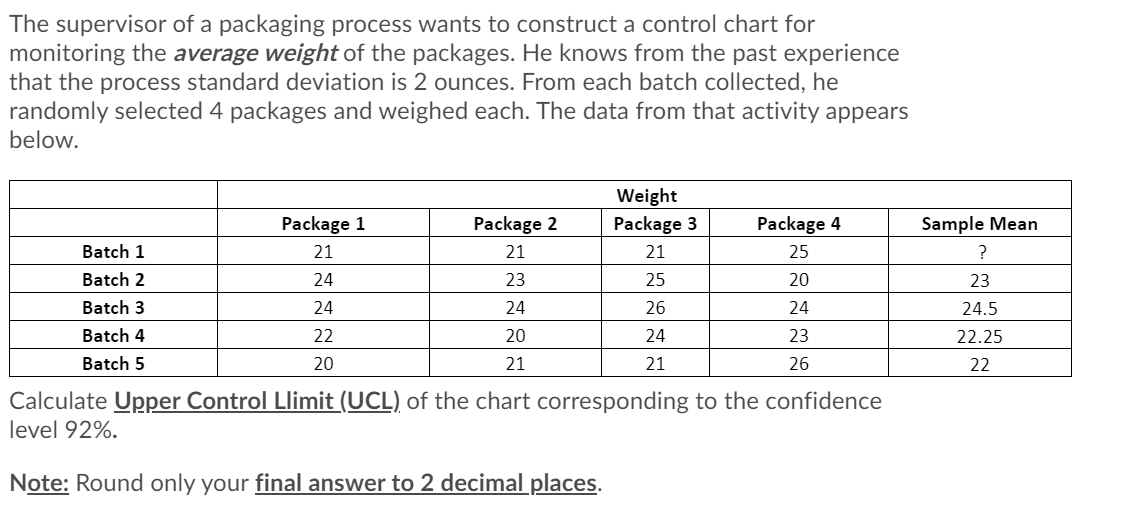 The supervisor of a packaging process wants to