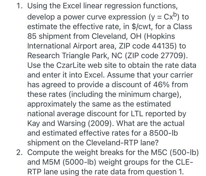 1. Using the Excel linear regression functions,