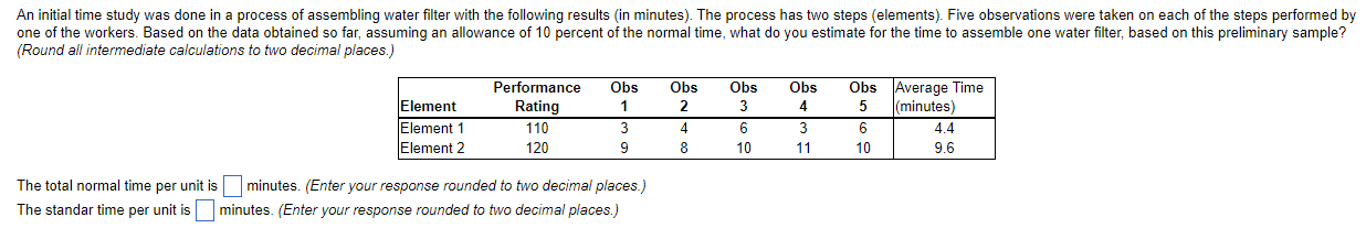 An initial time study was done in a process of