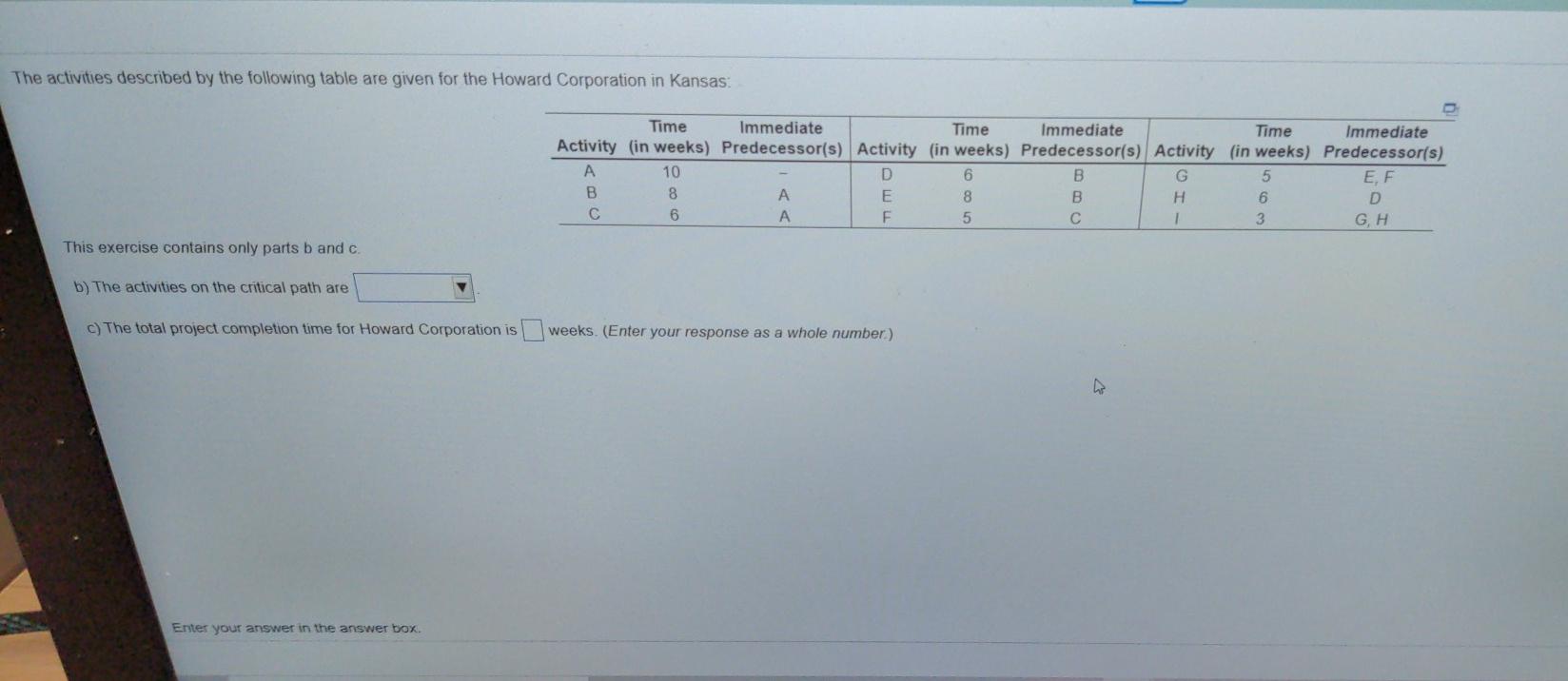 The activities described by the following table