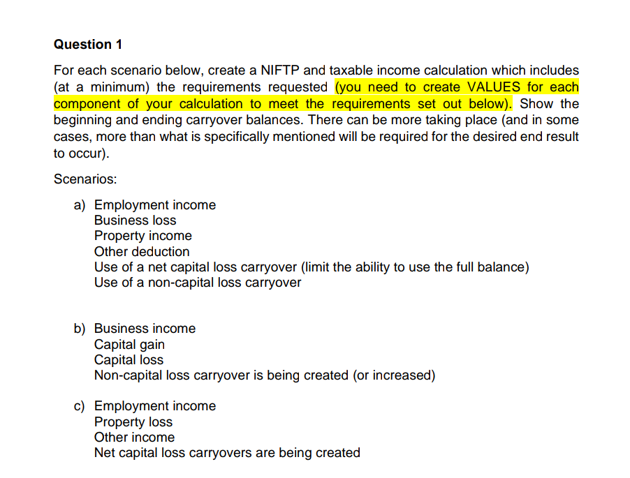 Question 1 For each scenario below, create a