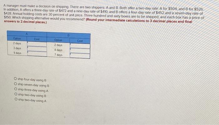 A manager must make a decision on shipping. There