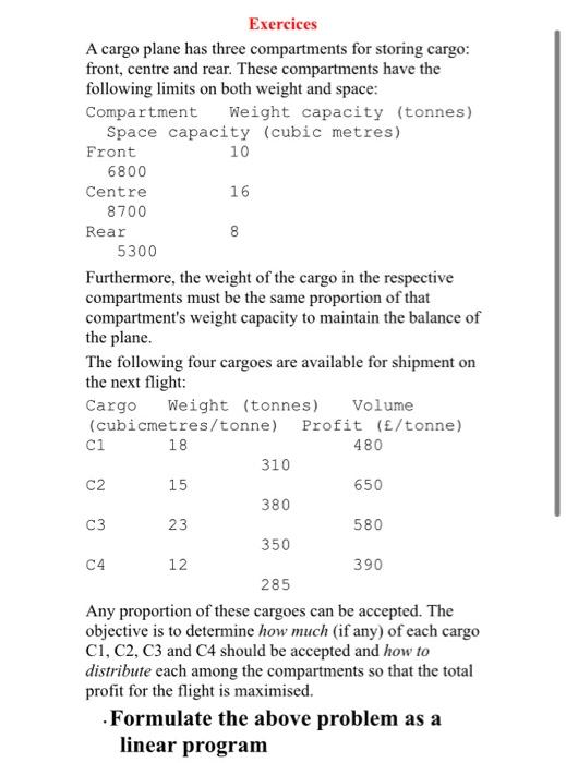 operation research Exercices A cargo plane has