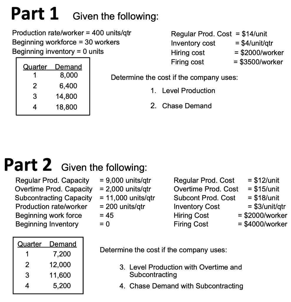 Part 1 Given the following: Production