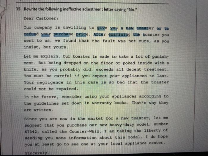 15. Rewrite the following ineffective adjustment