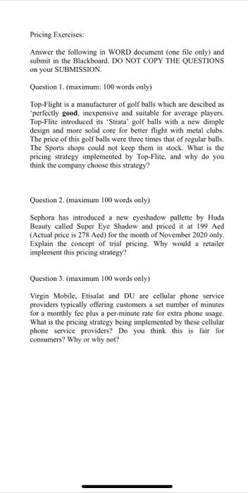 Pricing Exercises: Answer the following in WORD