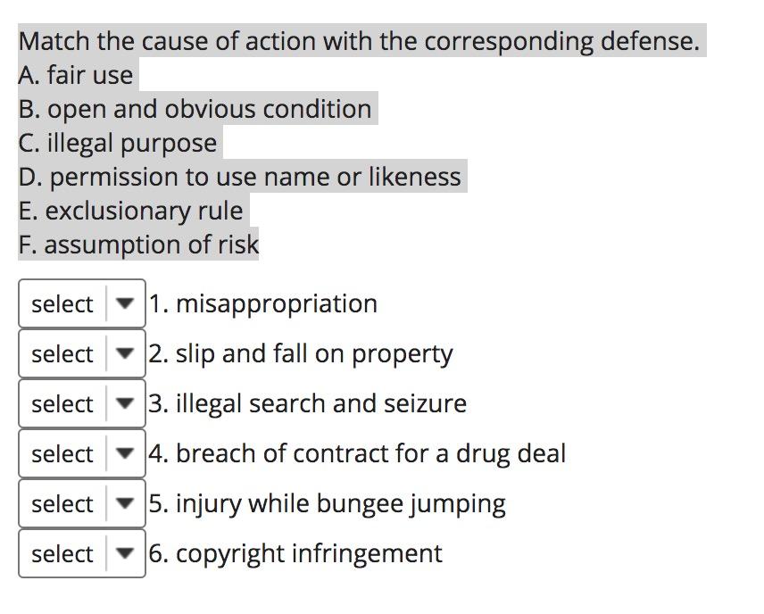 Match the cause of action with the corresponding