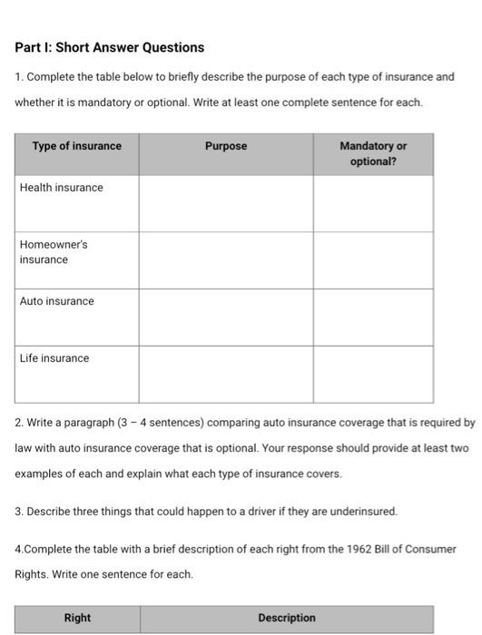 Part I: Short Answer Questions 1. Complete the