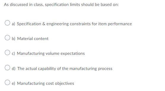 As discussed in class, specification limits