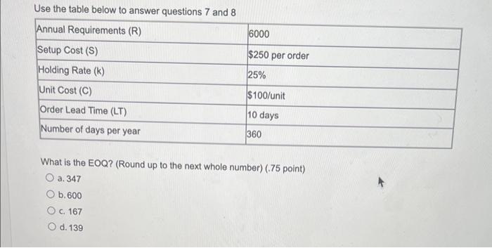 Use the table below to answer questions 7 and 8