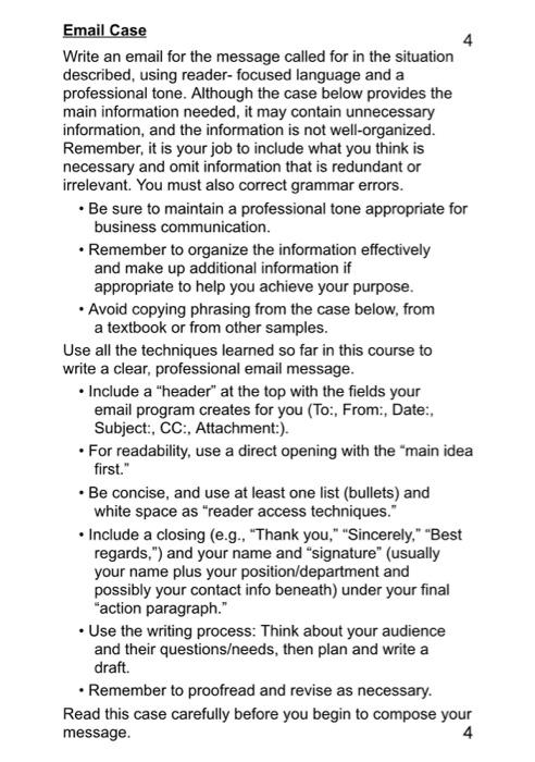 Email Case Write an email for the message called
