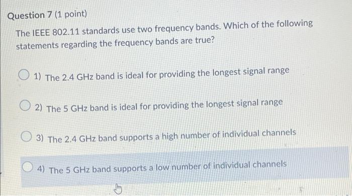 Question 7 (1 point) The IEEE 802.11 standards
