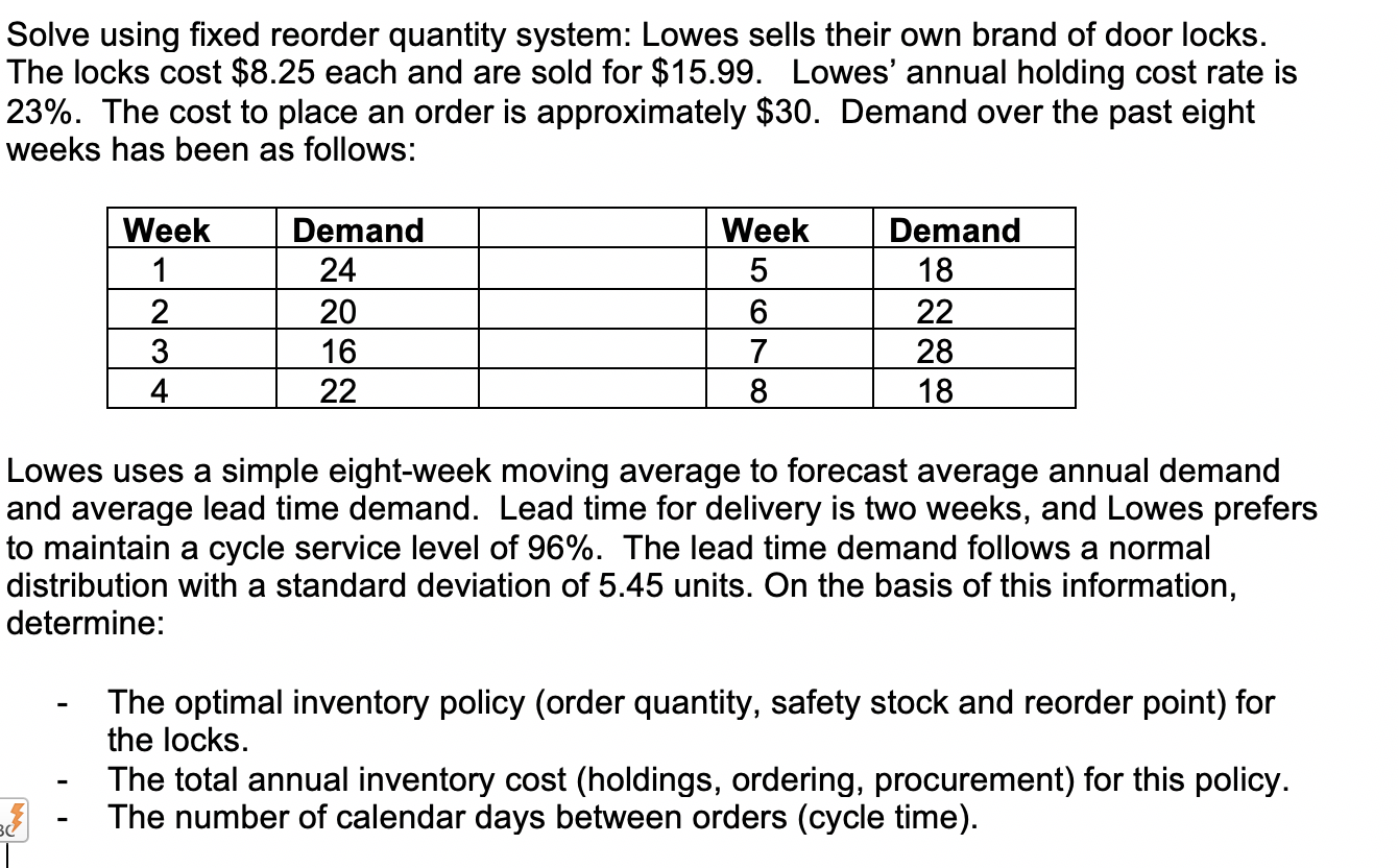 Please show formulas. Solve using fixed reorder