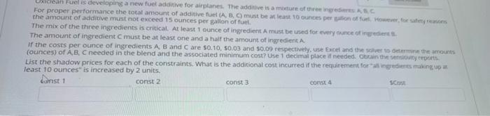 use excel Ucean Fuel is developing a new fuel