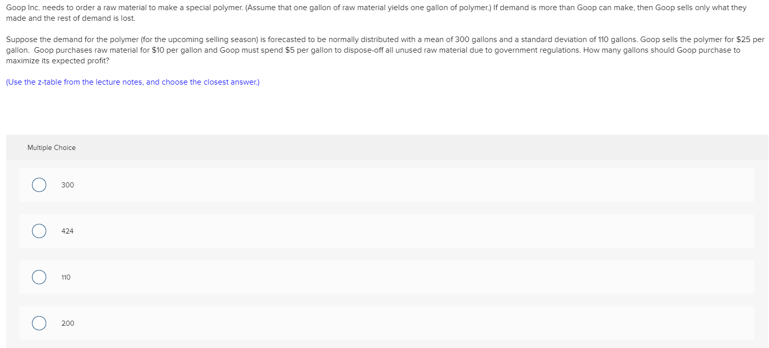 Need asap please! Goop Inc. needs to order a raw