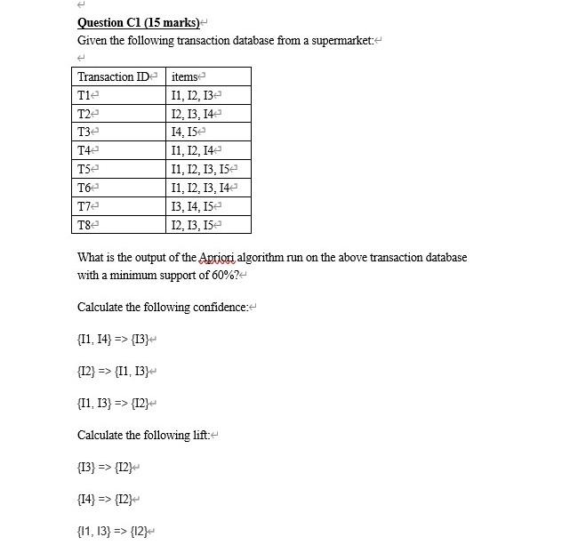 Question Cl (15 marks) Given the following