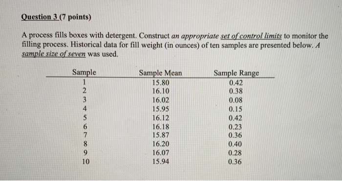 Question 3 (7 points) A process fills boxes with