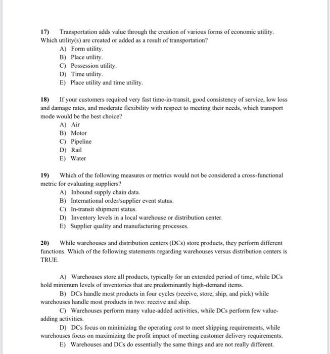 please provide answers 17) Transportation adds