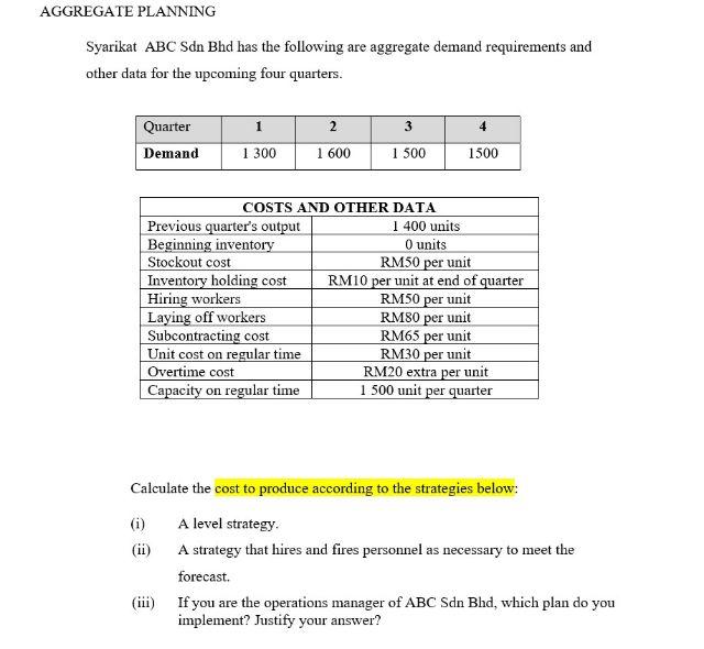 AGGREGATE PLANNING Syarikat ABC Sdn Bhd has the