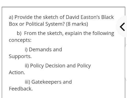 a) Provide the sketch of David Easton's Black Box