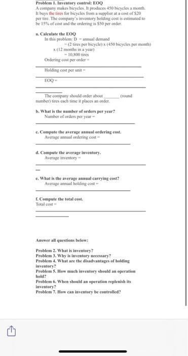 Problem 1. Inventory control: EOQ A company makes