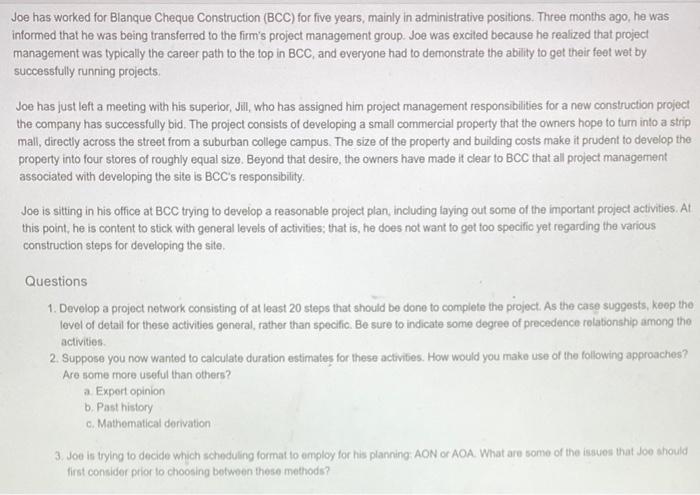 Question # 3 thank you Joe has worked for Blanque