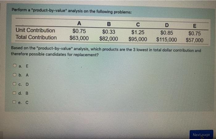 Perform a "product-by-value" analysis on the