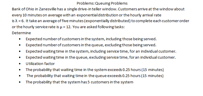 Solve Using Excel Problems: Queuing Problems Bank