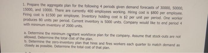 1. Prepare the aggregate plan for the following 4