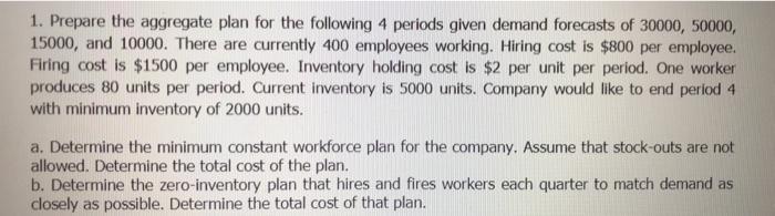 1. Prepare the aggregate plan for the following 4