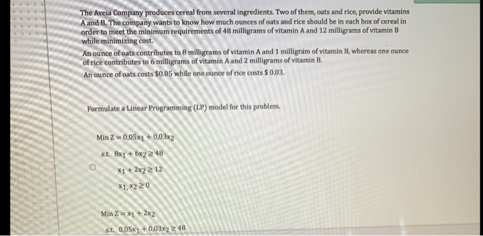 question 7 The Aveia Company produces cereal from