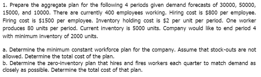 1. Prepare the aggregate plan for the following 4