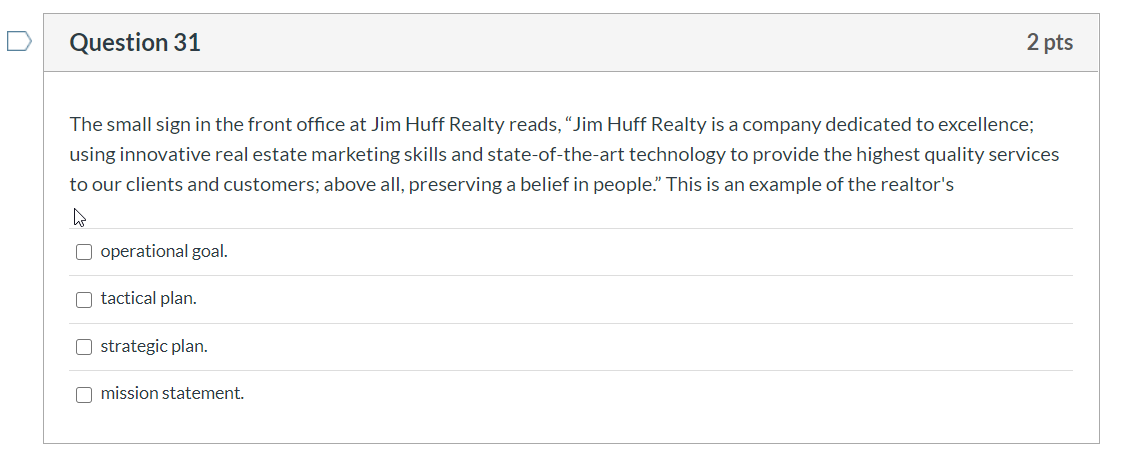 Question 31 2 pts The small sign in the front