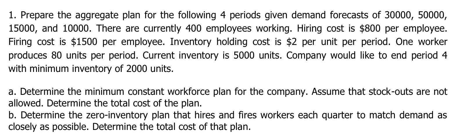 1. Prepare the aggregate plan for the following 4