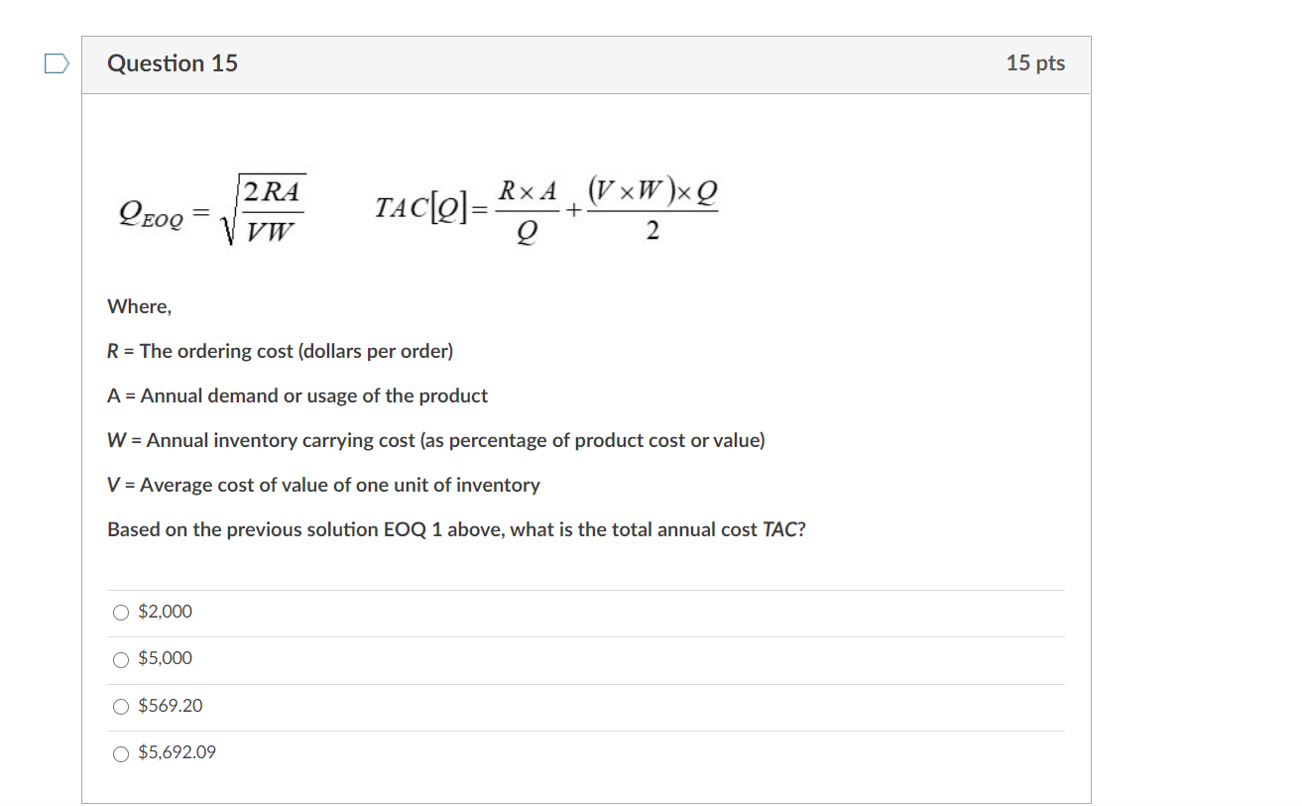 Where, R = The ordering cost (dollars per order)