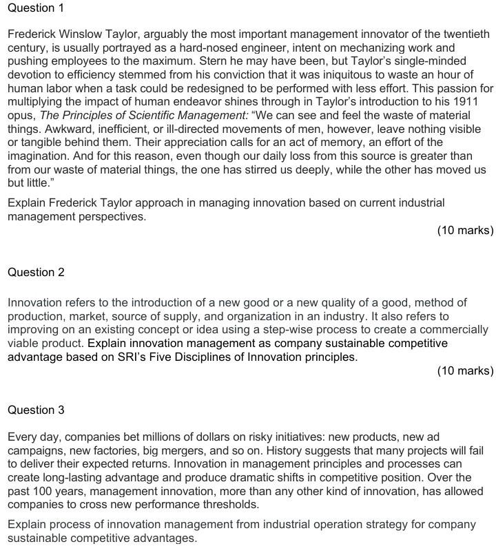 Innovation Management Subject Please the