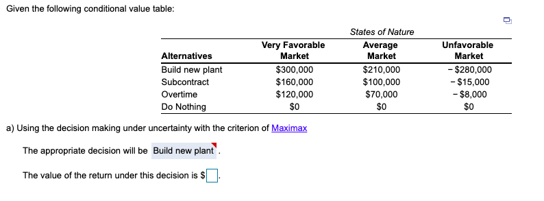 Given the following conditional value table: U