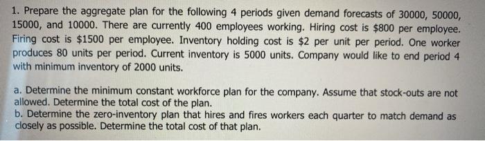 1. Prepare the aggregate plan for the following 4