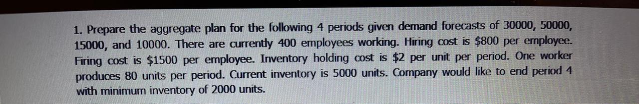 1. Prepare the aggregate plan for the following 4