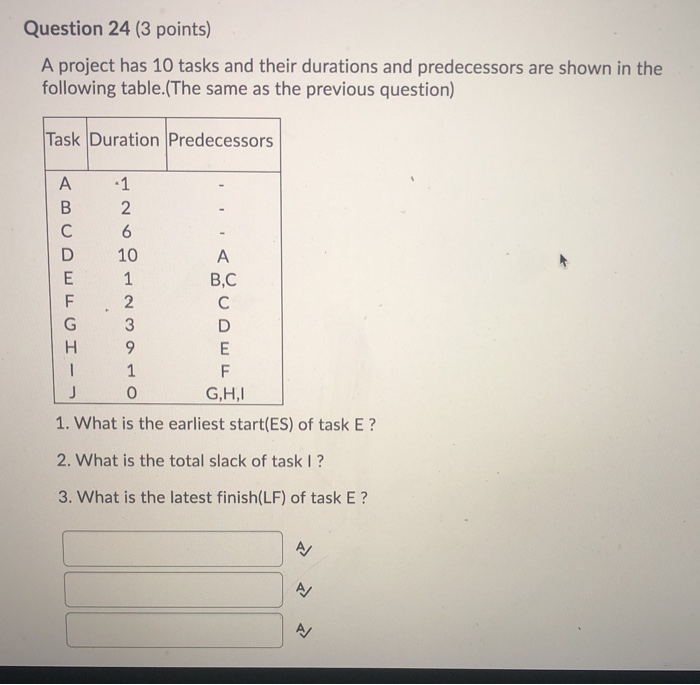 Question 24 (3 points) A project has 10 tasks and