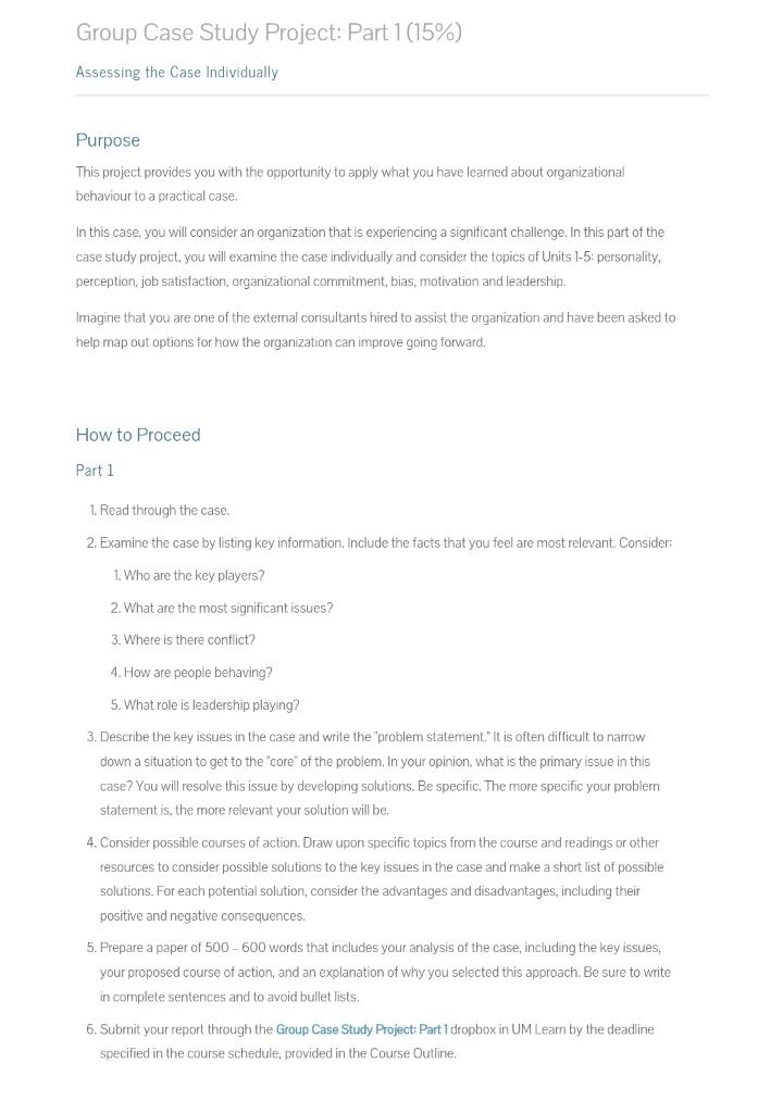 Group Case Study Project: Part 1 (15%) Assessing