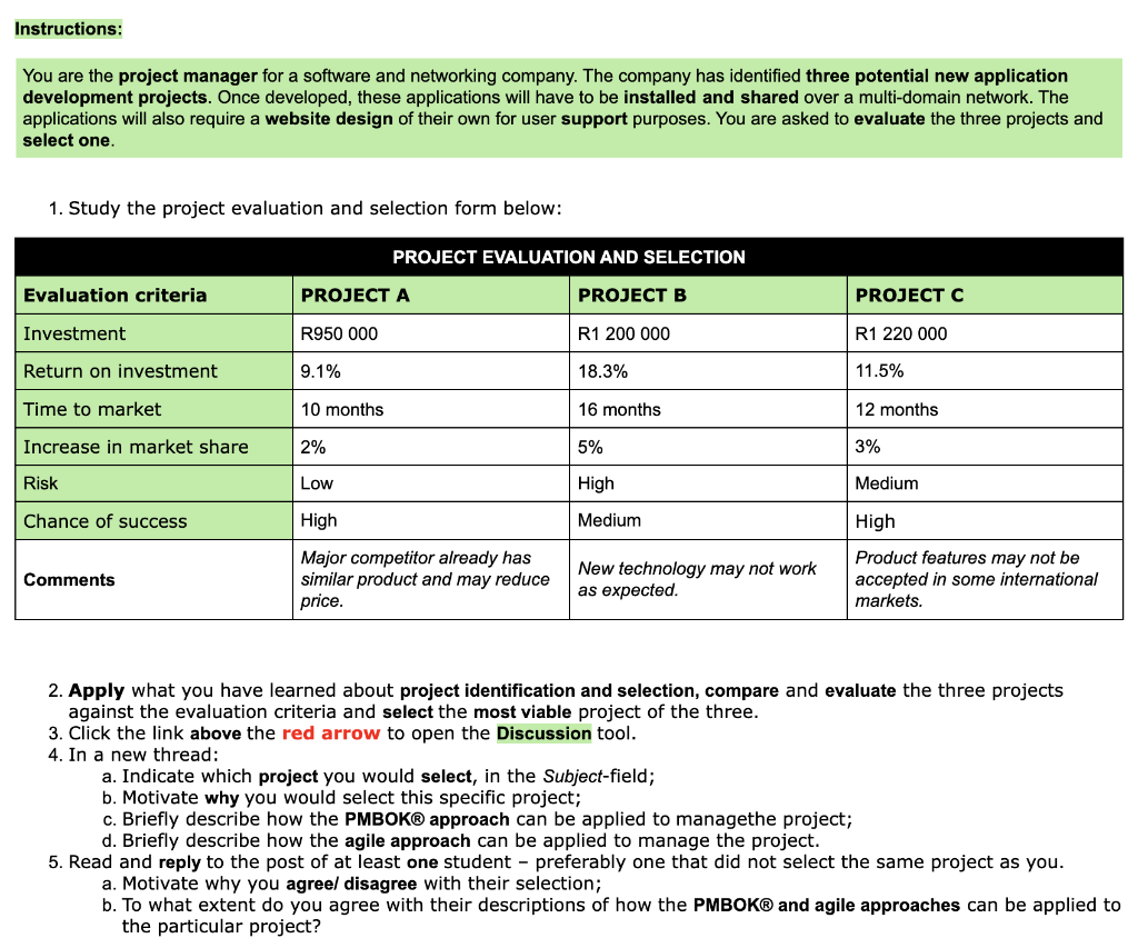 Instructions: You are the project manager for a